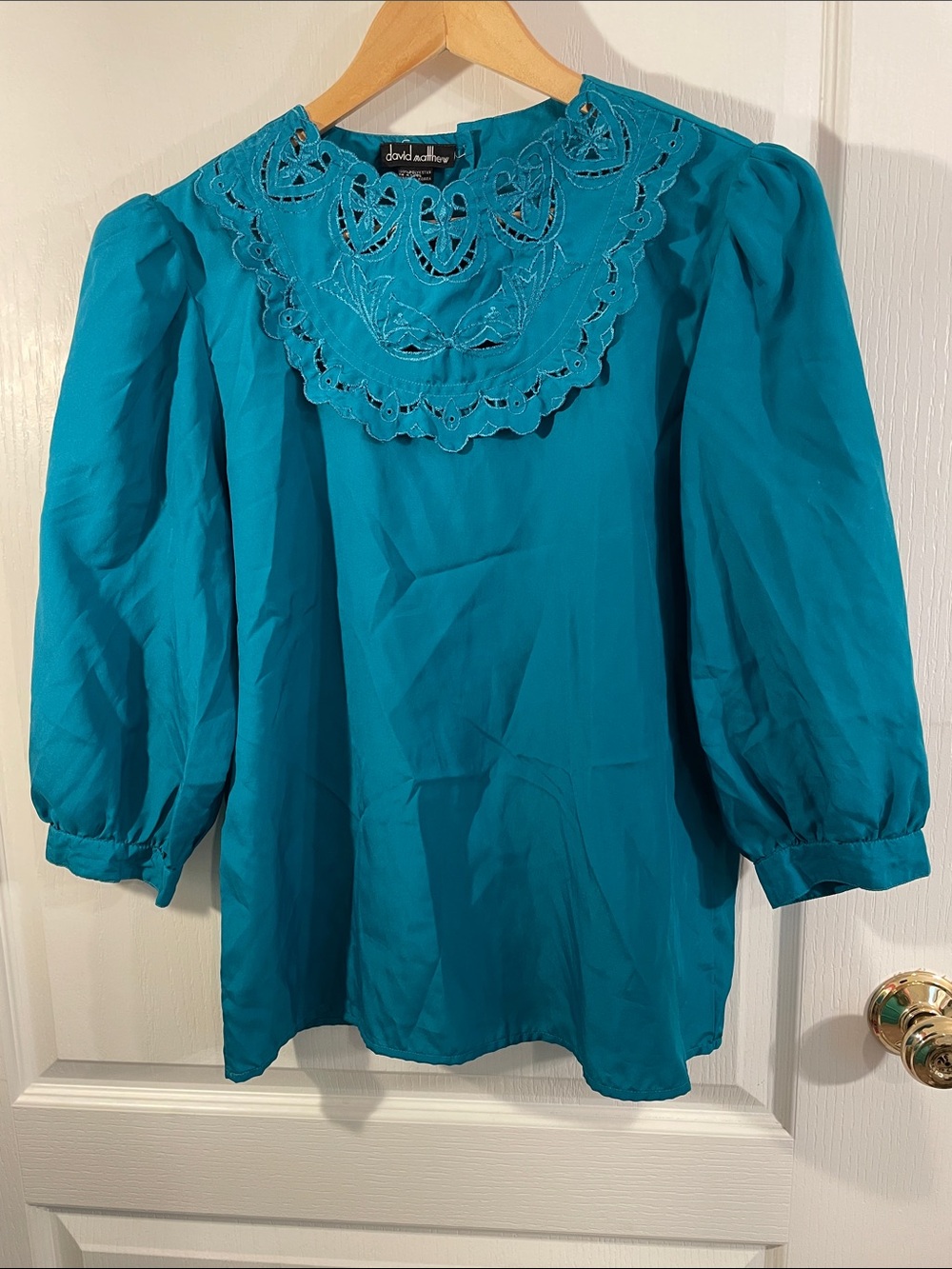 David Matthew Teal Embroidered Yoke Puff-Sleeve Blouse